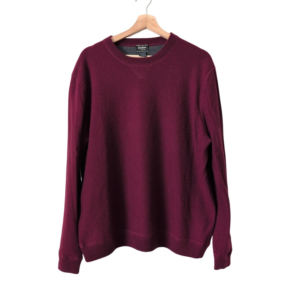 Neiman Marcus Mens 100% Cashmere Crewneck Sweater Burgundy Large Luxury Knit